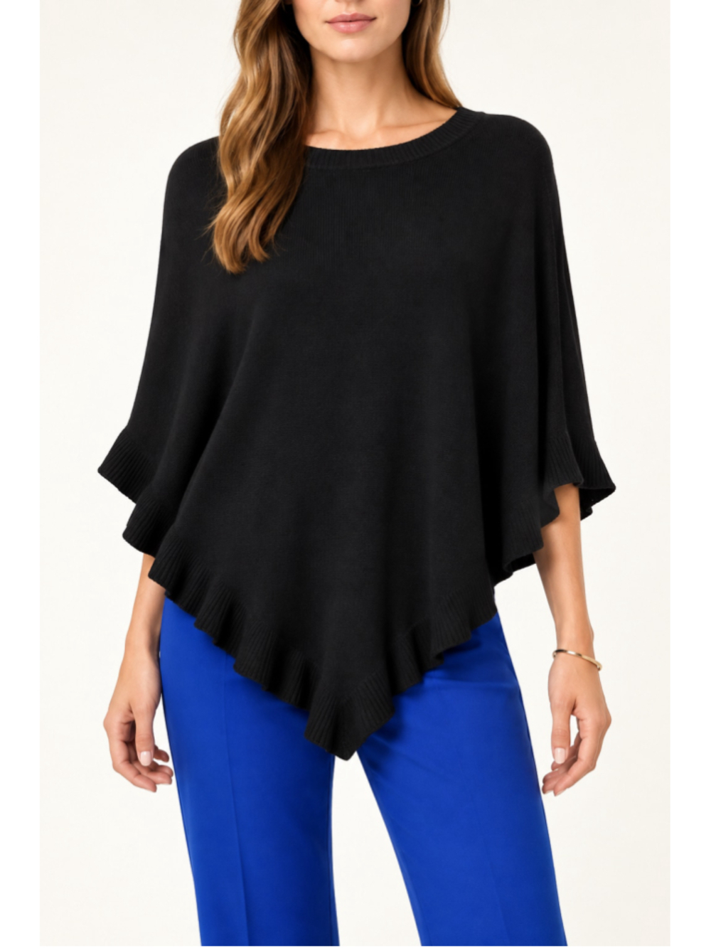 Karen Scott Asymmetrical Ruffle Poncho Sweater Black S/M 100% Acrylic